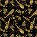 TT Classical Music Tossed Brass Instruments - CM3238-BLACK - Cotton Fabric