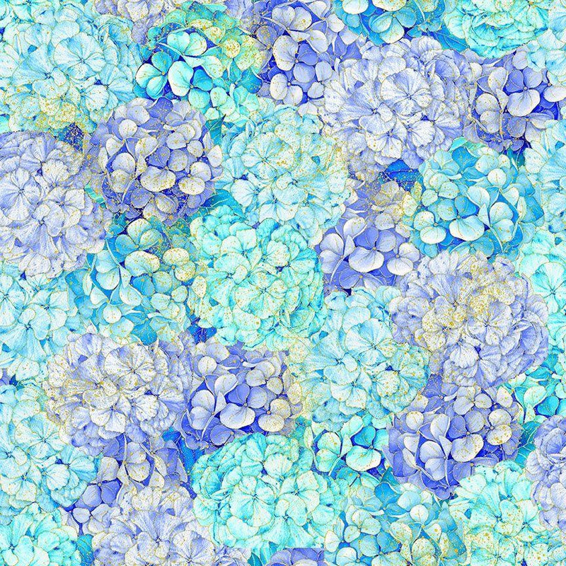 TT Escapade Packed Metallic Hydrangea - CM3794-BLUE - Cotton Metallic Fabric