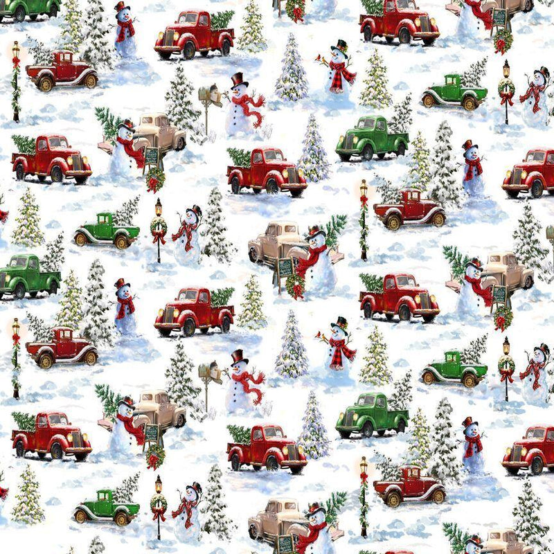 TT Frosty Delights Snowman & Trucks - CD2881-WHITE - Cotton Fabric