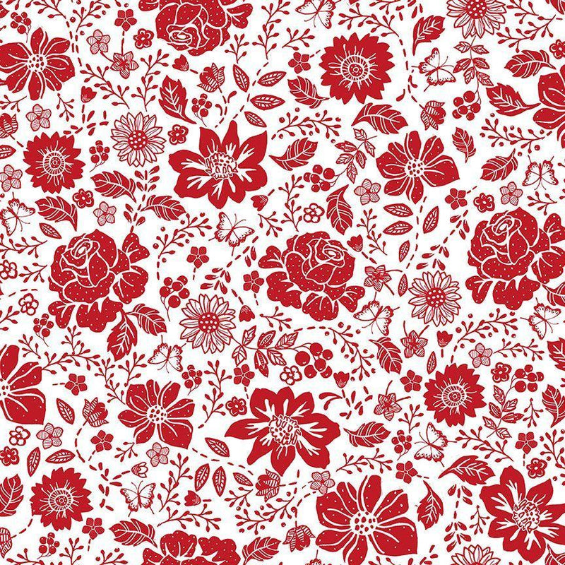 TT Garden Redwork Large Redwork Floral - CD3101-WHITE - Cotton Fabric