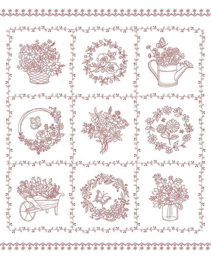 TT Garden Redwork Panel - CD3100-WHITE - Cotton Fabric