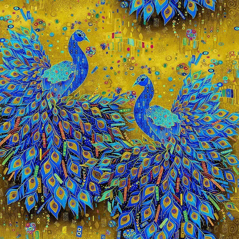 TT Gilded Plume Royal Peacocks - CM3431-GOLD - Cotton Metallic Fabric