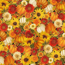 TT Give Thanks Harvest Floral & Pumpkin Metallic -  CM4134-AUTUMN - Cotton Metallic Fabric