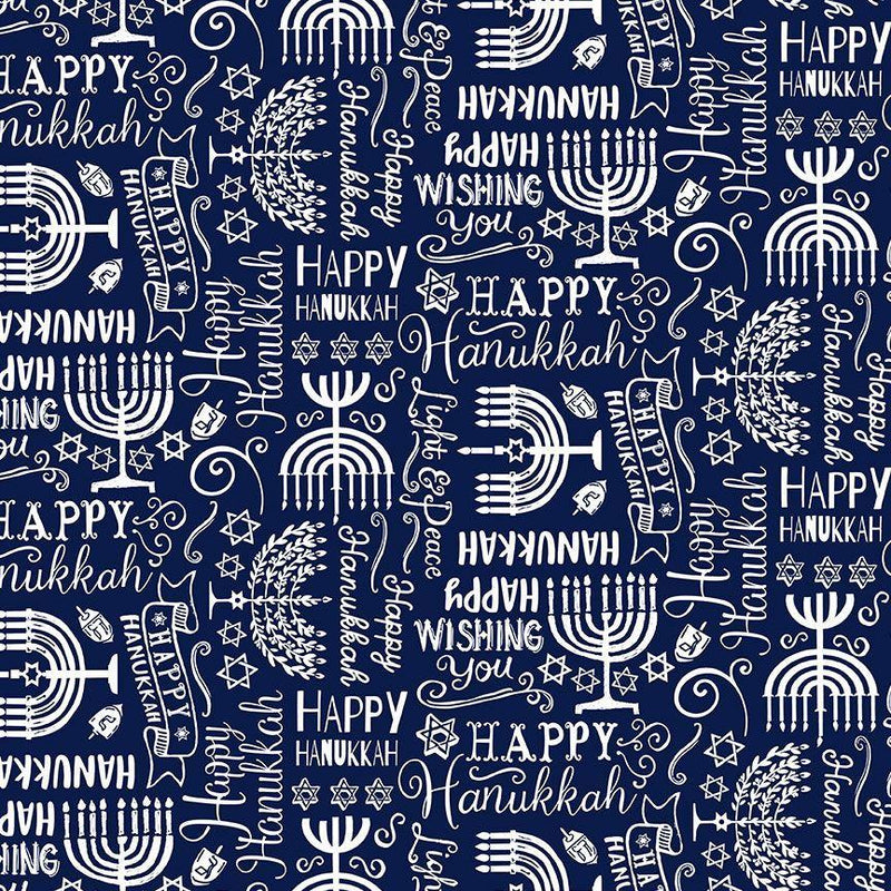 TT Hanukkah Menorah & Happy Hanukkah Text - CD2939-NAVY - Cotton Fabric