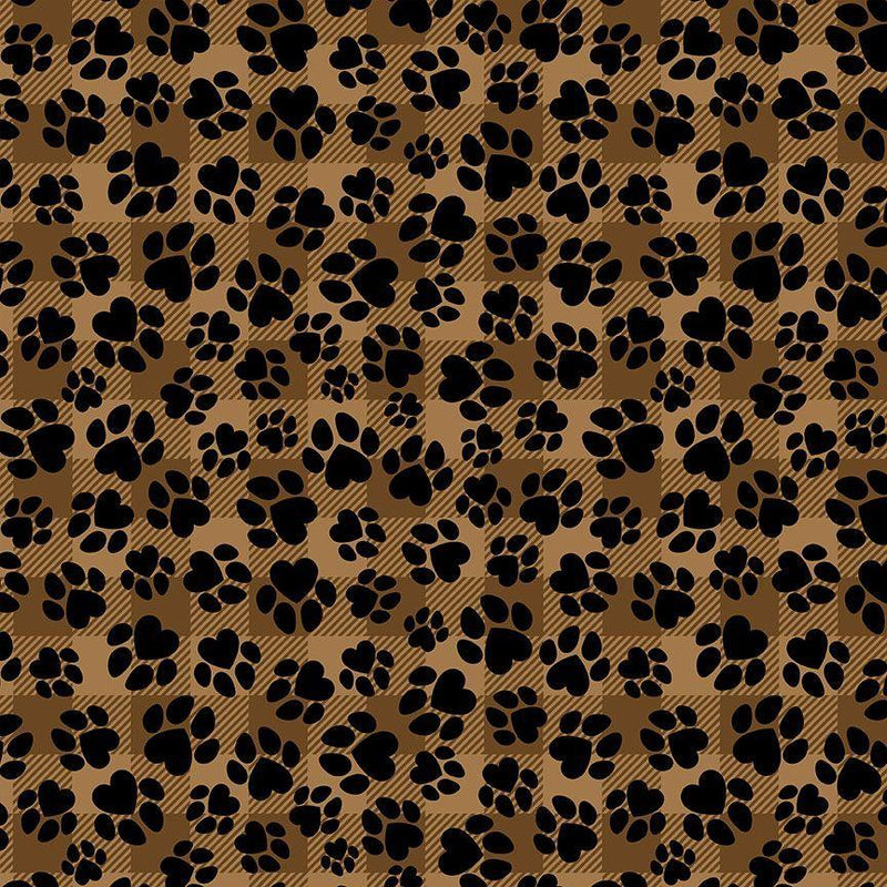 TT Happiness Has Paws Dogs Paws On Plaid - CD3319-BROWN - Cotton Fabric
