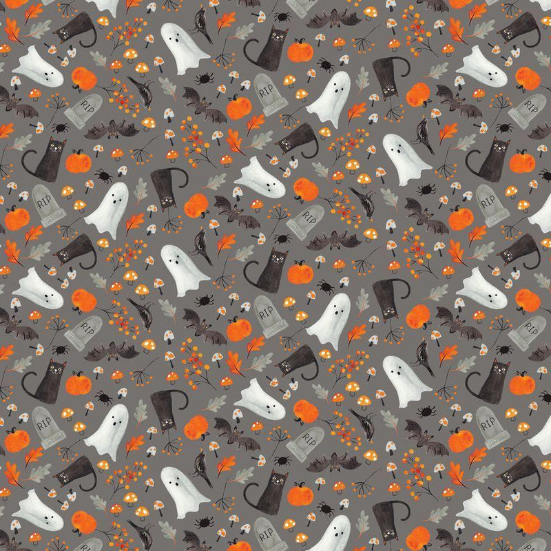 TT Haunted House Tossed Ghost Cat Bat & Floral - CD2932-GREY - Cotton Fabric