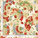 TT Imperial Bloom Asian Floral Fans - CM4376-BEIGE - Cotton Metallic Fabric