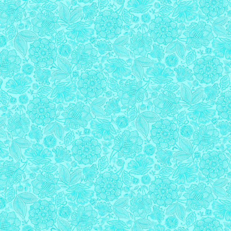 TT Indigo Garden Packed Jacobean Toile - CD3414-AQUA - Cotton Fabric