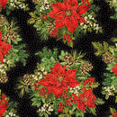 TT Joyful Poinsettia Bouquet Metallic - CM3711-BLACK - Cotton Metallic Fabric