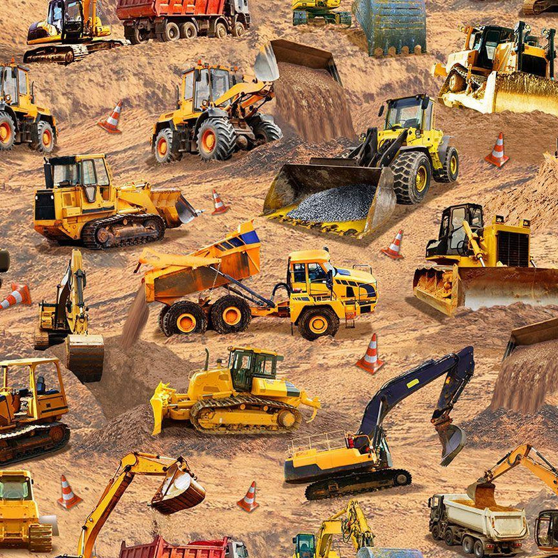 TT Keep On Truckin' Construction Site Scene - CD3737-BROWN - Cotton Fabric