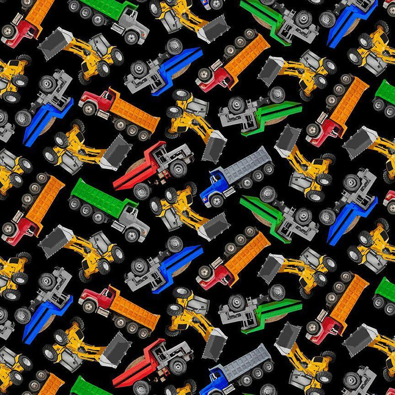 TT Keep On Truckin' Construction Vehicles Tossed - CD3829-BLACK - Cotton Fabric
