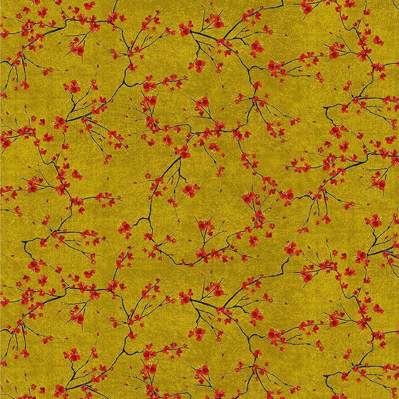 TT Lotus Garden Cherry Blossoms Branches Metallic - CM3667-GOLD - Cotton Metallic Fabric