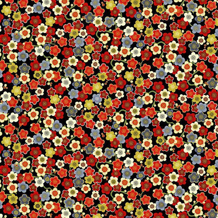 TT Lotus Garden Cherry Blossoms Metallic - CM3666-BLACK - Cotton Metallic Fabric