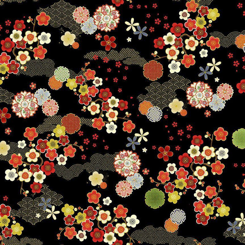 TT Lotus Garden Geo Asian Floral Metallic - CM3665-BLACK - Cotton Metallic Fabric