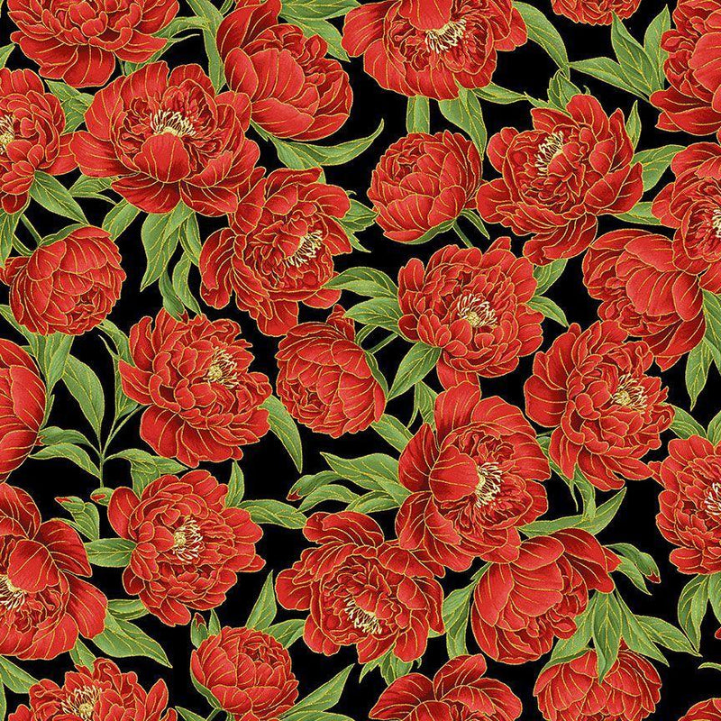 TT Lotus Garden Metallic Peony Floral 12" - CM3663-BLACK - Cotton Metallic Fabric