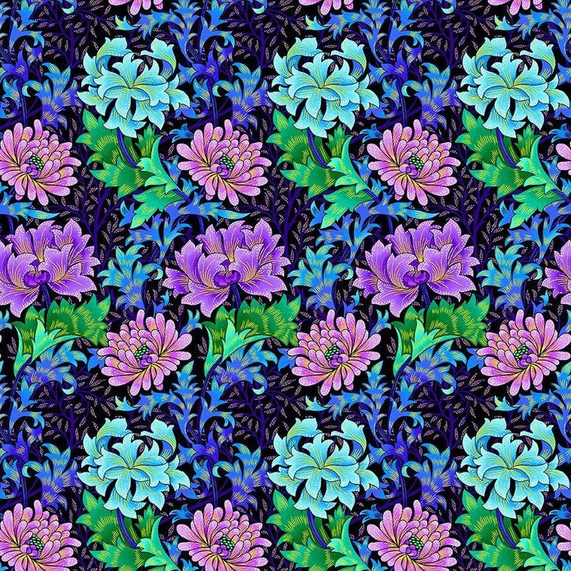 TT Luminous Medium Packed Floral Metallic - CM2982-BLACK - Cotton Fabric