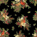 TT Merry Christmas Cardinal On Floral - CM4145 Black - Cotton Metallic Fabric