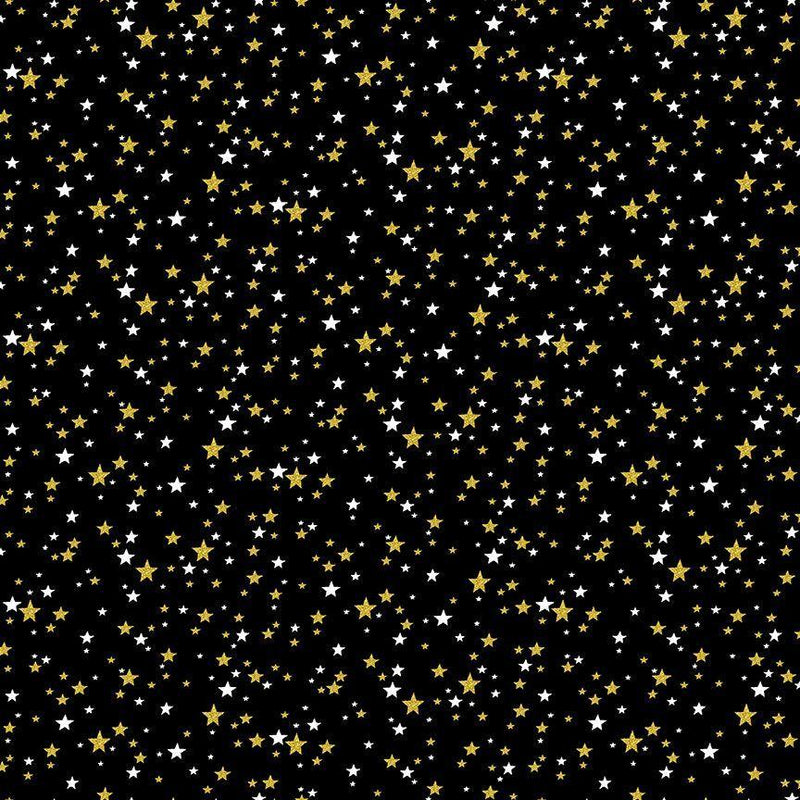 TT Merry Christmas Metallic Stars - CM3628-BLACK- Cotton Metallic Fabric