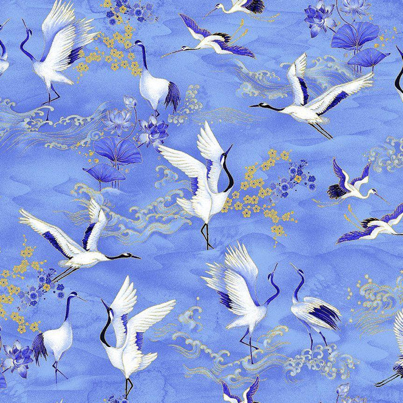 TT Moonlight Asian Crane Metallic - CM3986-SEA - Cotton Metallic Fabric