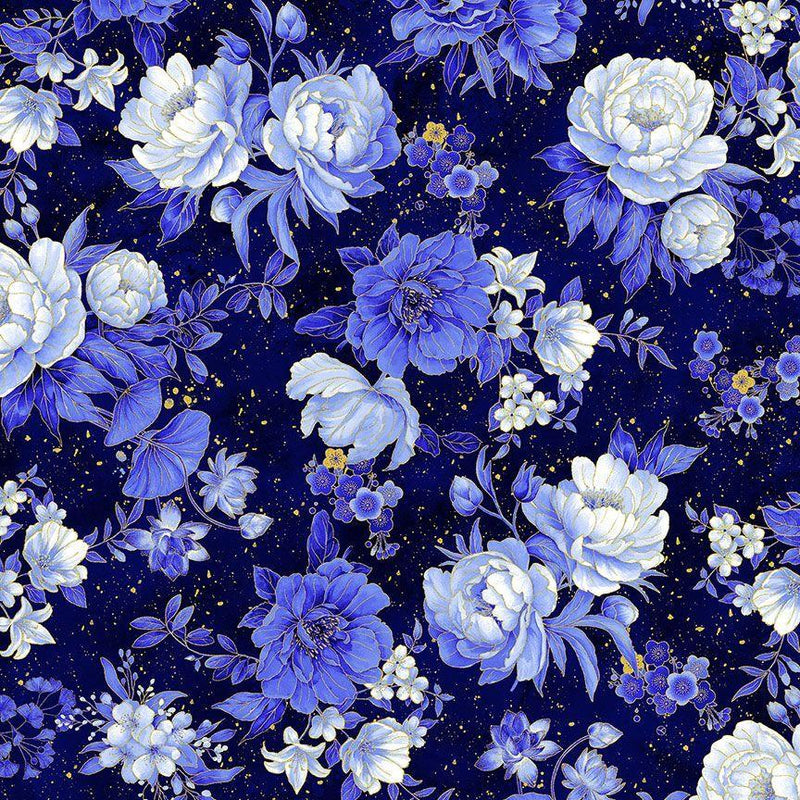 TT Moonlight Metallic Asian Floral - CM3981-NAVY - Cotton Metallic Fabric