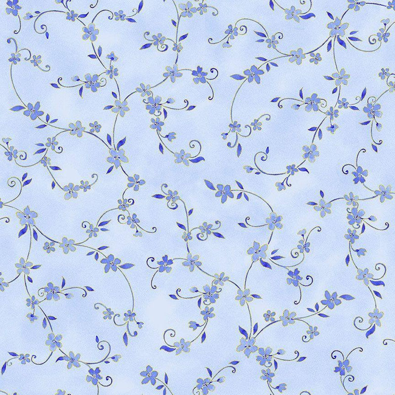 TT Moonlight Metallic Leave Vines - CM3984-SKY - Cotton Metallic Fabric