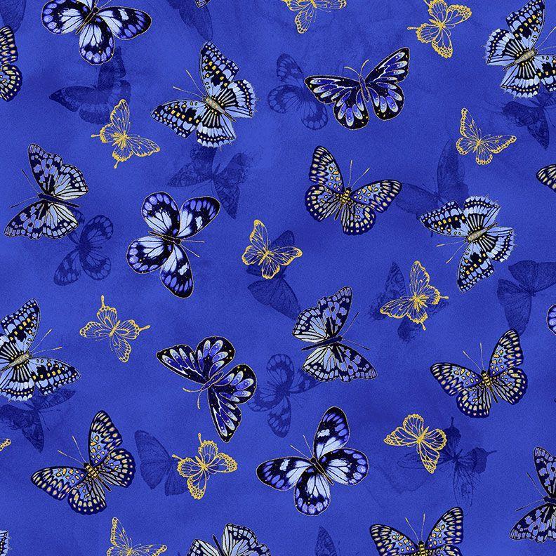 TT Moonlight Tossed Butterflies Metallic - CM3990-ROYAL - Cotton Metallic Fabric