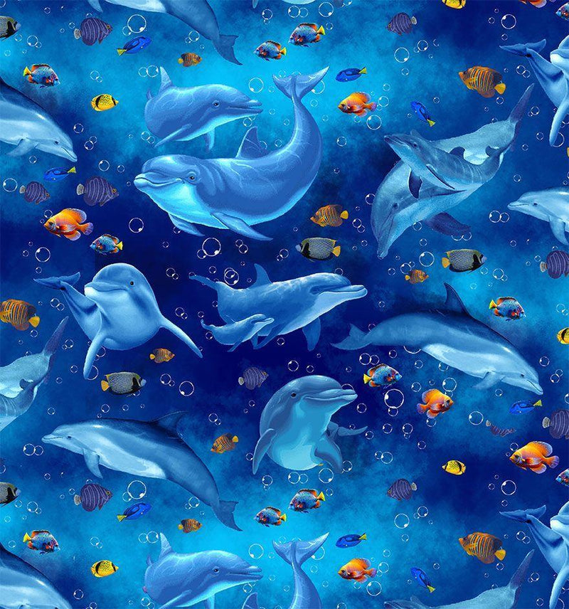 TT Ocean Life Playful Dolphin And Fish - CD3131-OCEAN - Cotton Fabric