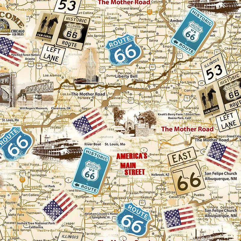 TT Route 66 Antique Map - CD3060-NEUTRAL - Cotton Fabric