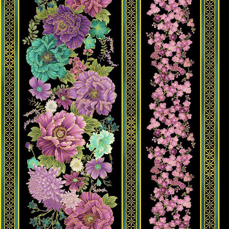 TT Shizuka Asian Floral 11" Stripe - CM3162-BLACK - Cotton Metallic Fabric