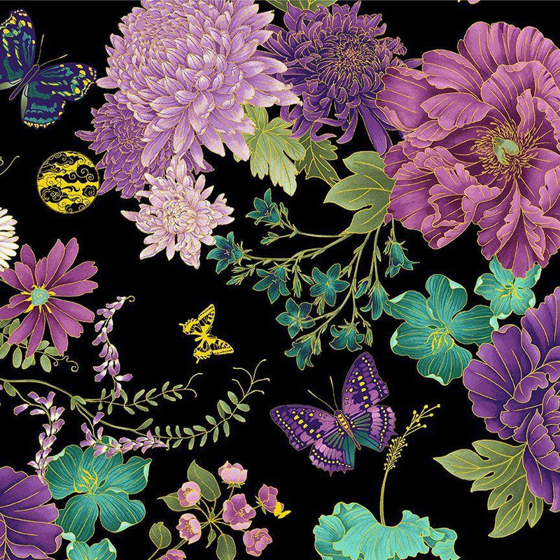 TT Shizuka Asian Floral & Butterflies - CM3161-BLACK - Cotton Metallic Fabric