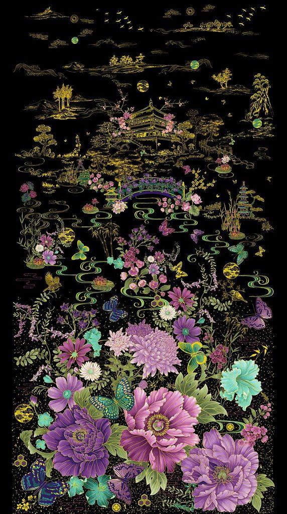 TT Shizuka Asian Floral Butterfly Panel 24" - CM3160-BLACK - Cotton Metallic Fabric
