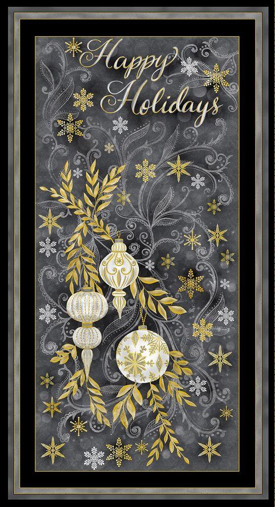 TT Silver & Gold Happy Holidays Panel 24" - CM2575-GREY - Cotton Fabric