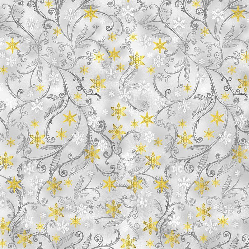 TT Silver & Gold Leafy Vines & Snowflakes - CM2577-DOVE - Cotton Fabric