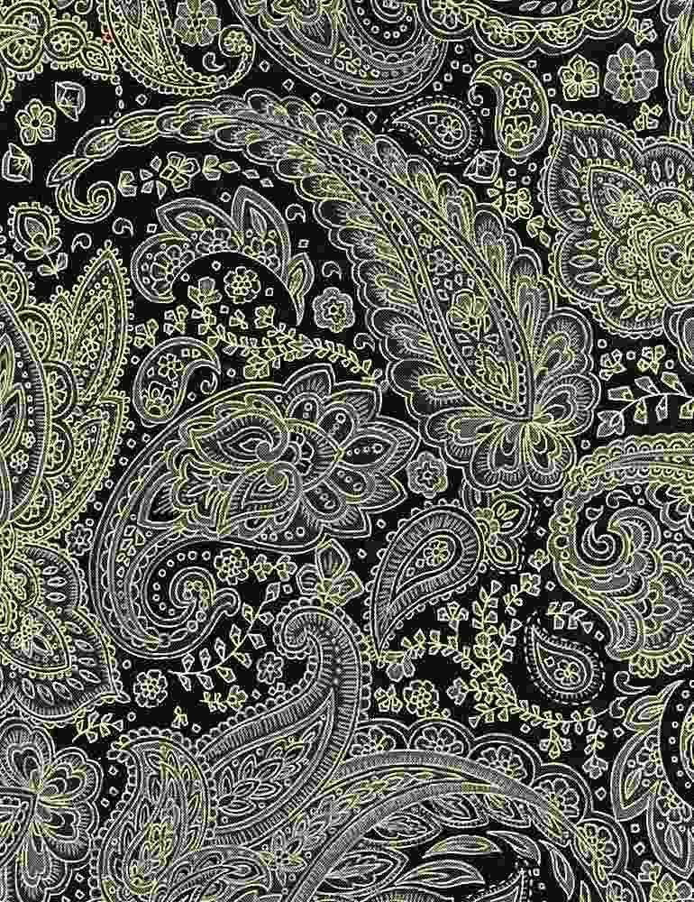 TT Silver & Gold Metallic Paisley - CM1002-CHARCOAL - Cotton Metallic Fabric