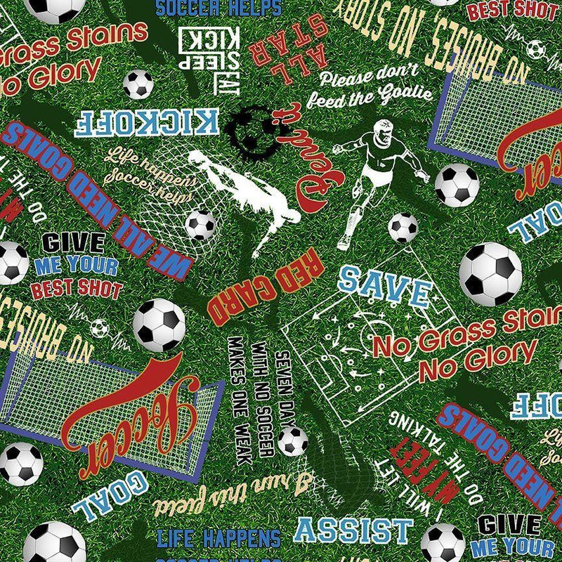 TT Soccer Star Soccer Words On Grass - CD3011-GREEN - Cotton Fabric
