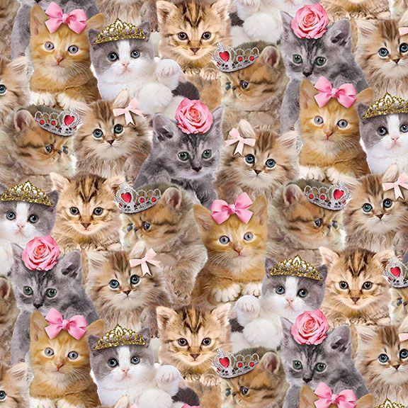 TT Teacup Kitty Packed Princess Kitty - CD3579-NATURAL - Cotton Fabric