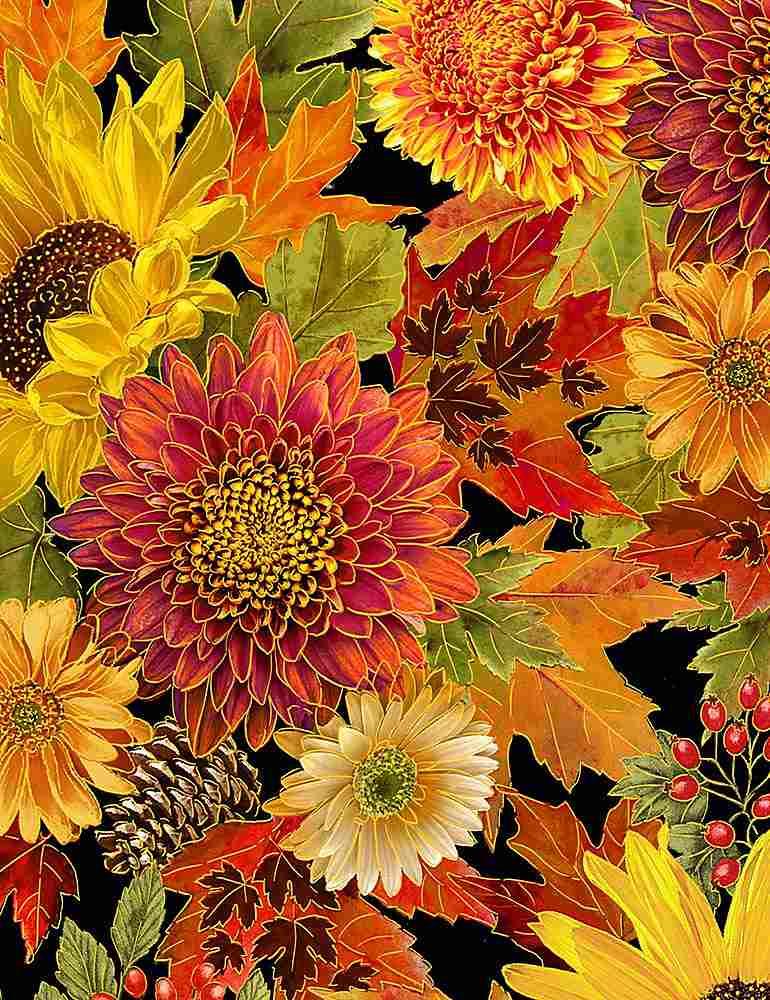 TT Thankful Bouquets -  CM1286-BLACK - Cotton Metallic Fabric