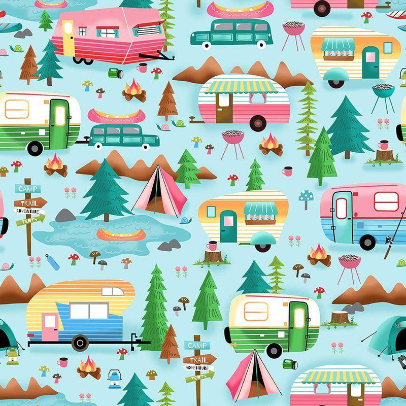 TT Tossed Camping Trailers - CD2298-BLUE - Cotton Fabric