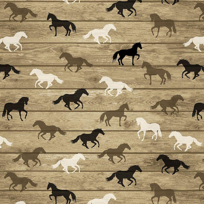 TT Westen Wild Horses on Wood Textured - CD2632-WOOD - Cotton Fabric