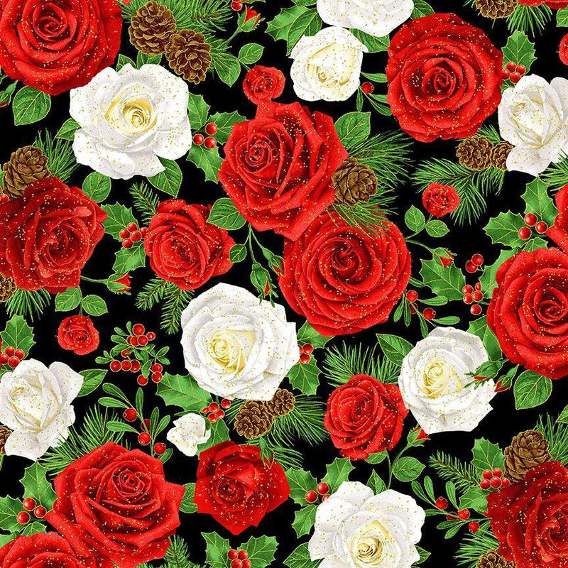 TT Winter Rose Medium Rose Bouquets Metallic - CM2892-BLACK - Cotton Metallic Fabric