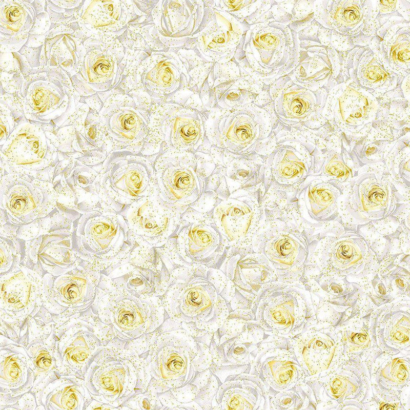 TT Winter Rose Packed White Metallic Roses - CM2894-WHITE - Cotton Metallic Fabric