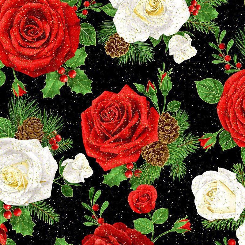 TT Winter Rose Roses & Pinecorn Bouquet Metallic - CM2890-BLACK - Cotton Metallic Fabric