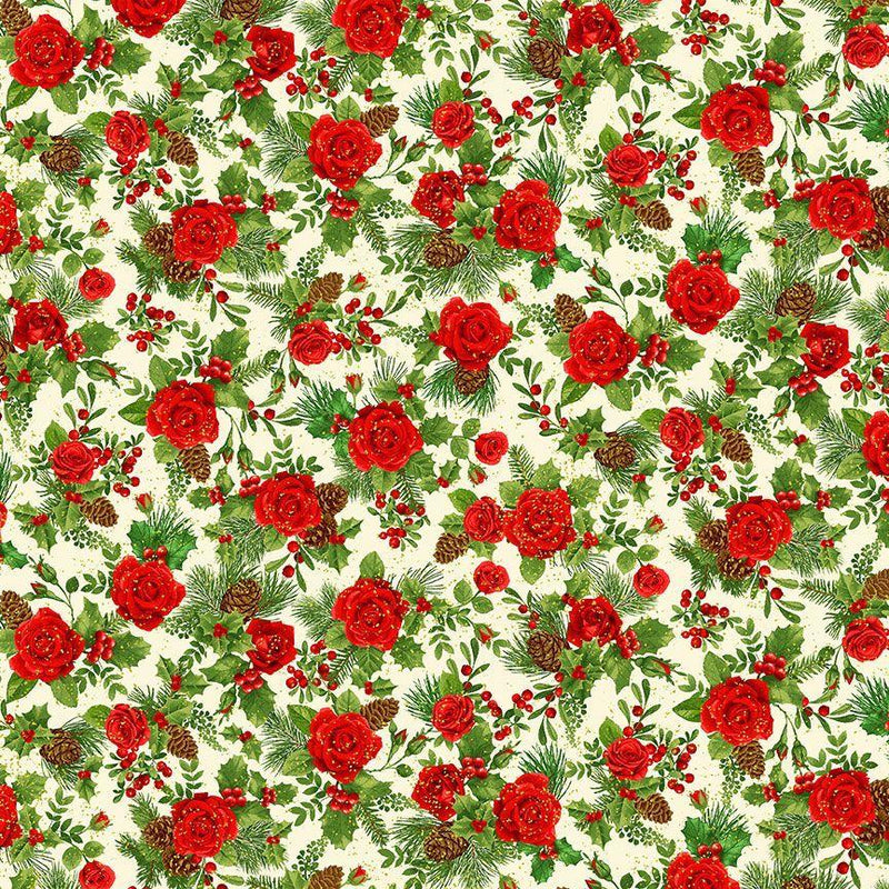 TT Winter Rose Small Winter Rose Bouquet Metallic - CM2895-CREAM - Cotton Metallic Fabric