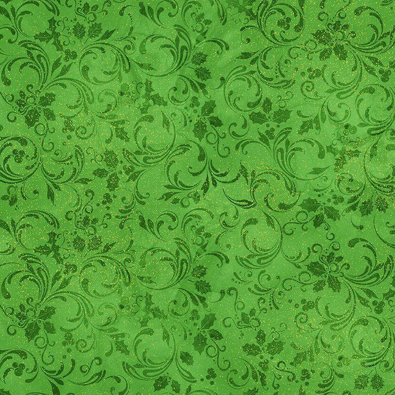 TT Winter Rose Stamped Holiday Leaves Met - CM2898-GREEN - Cotton Metallic Fabric