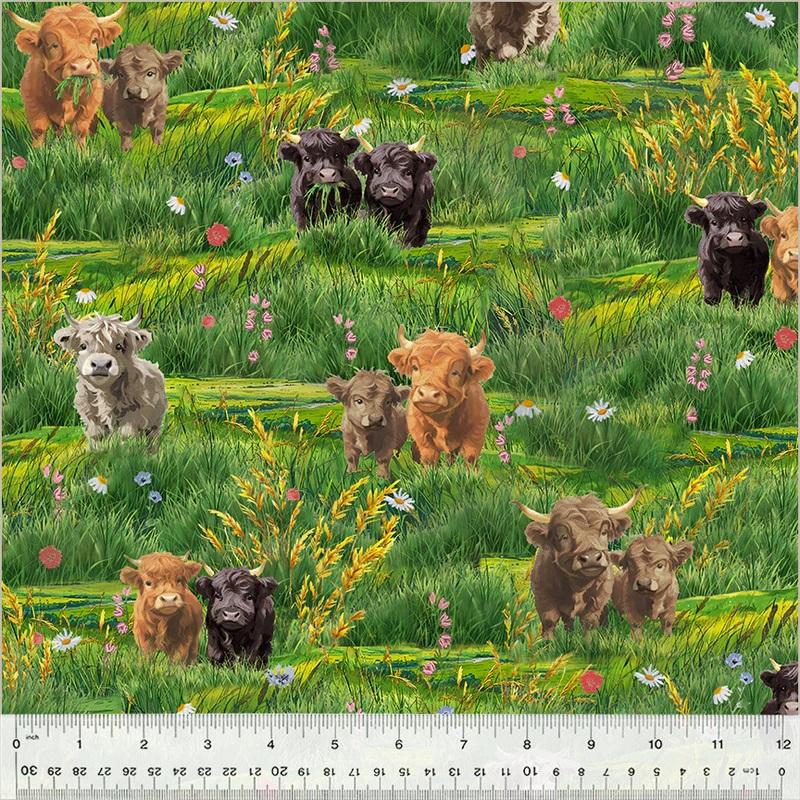 WHM Highland Hooves Highland Calves - 54459-1 Highland Green - Cotton Fabric