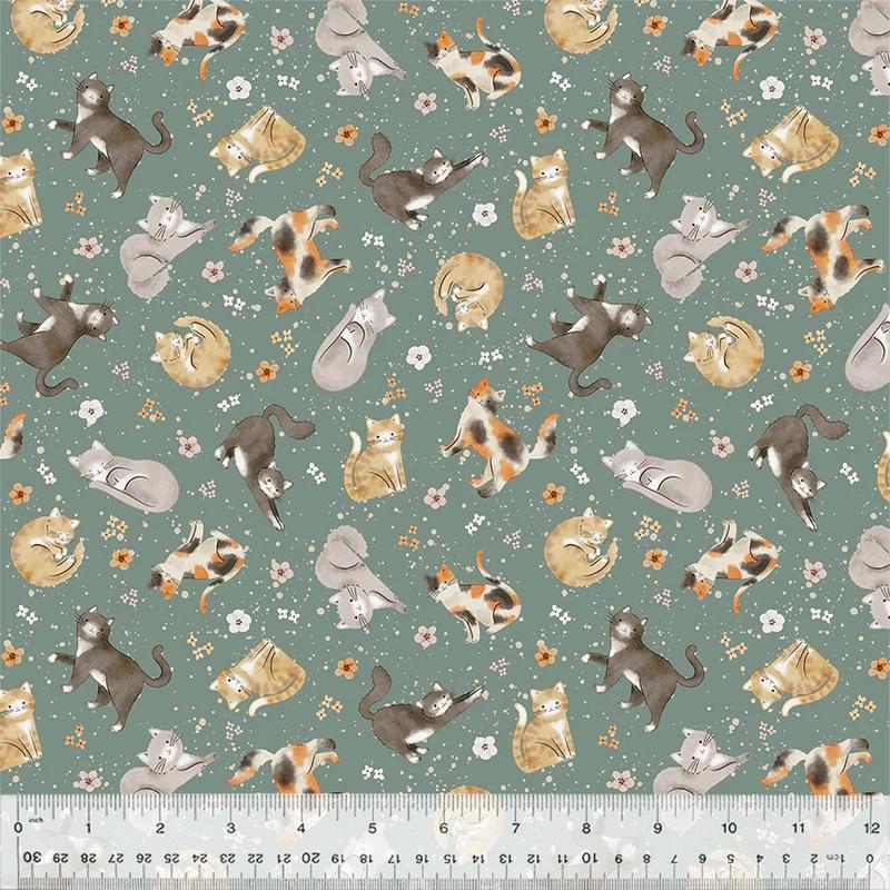 WHM Petal and Purr Feline Friends - 54587-4 Sage - Cotton Fabric