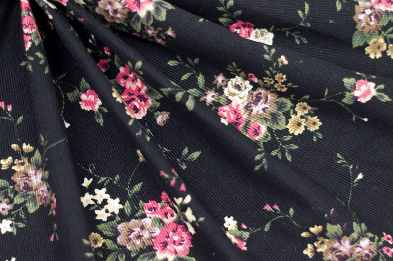 FM Corduroy Floral Black/Pink 22-11203 - Cotton Fabric