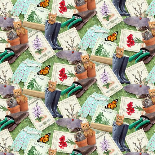 HG Kittens in the Garden 9994-66 Sage - Cotton Fabric