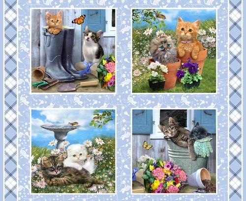 HG Kittens in the Garden Panel 9998-P-11 Blue - Cotton Fabric