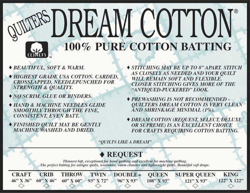 QD White Request Cotton Quilt Batting W3Q - Quilters Dream Batting